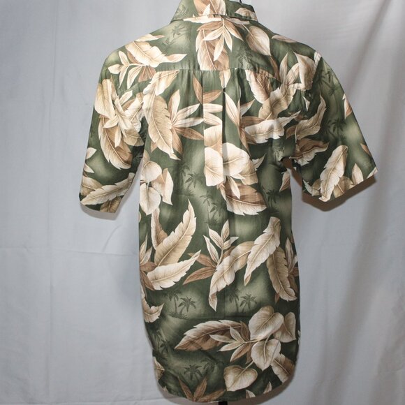 Men's Tropical Print Shirt Button Front Short Sleeve Green Tan All Cotton Sz S - Picture 2 of 6